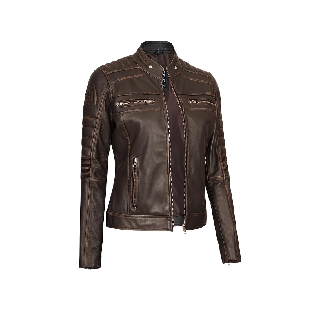Women's Dark Brown Cafe Racer Biker Jacket