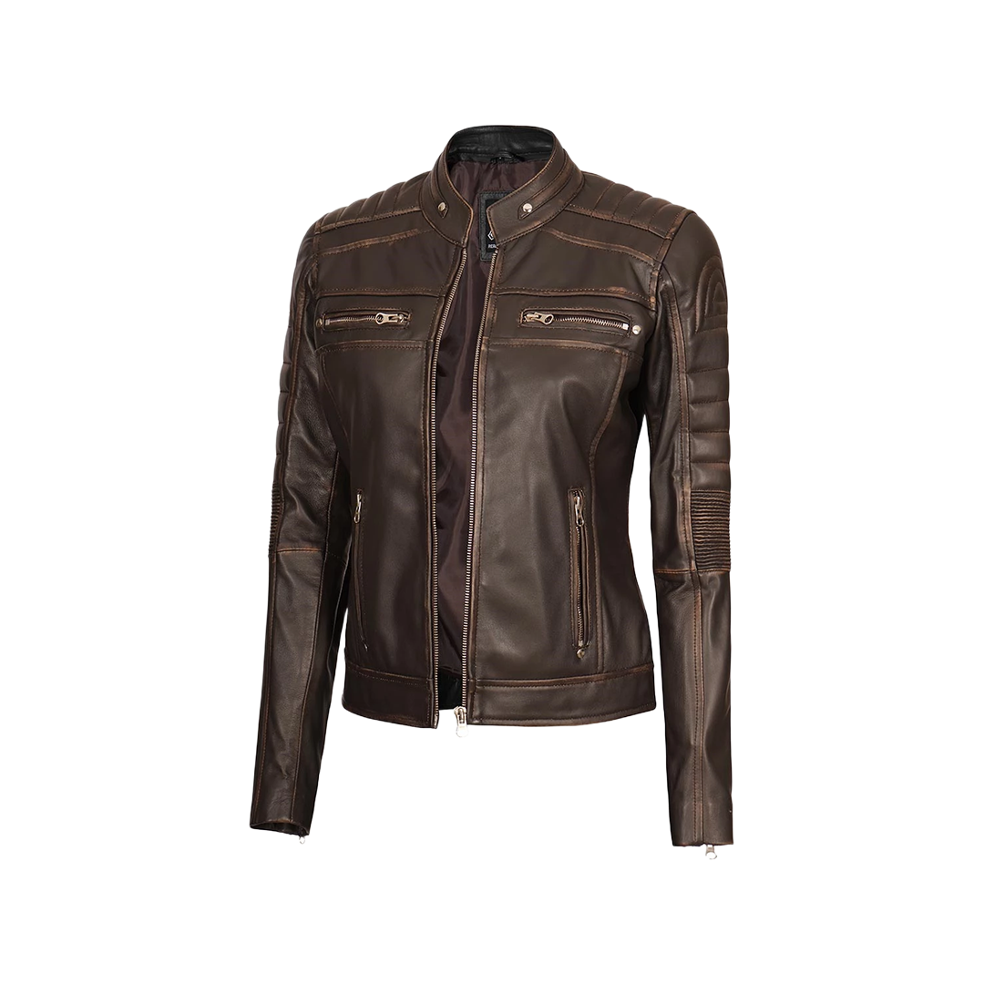 Women's Dark Brown Cafe Racer Biker Jacket