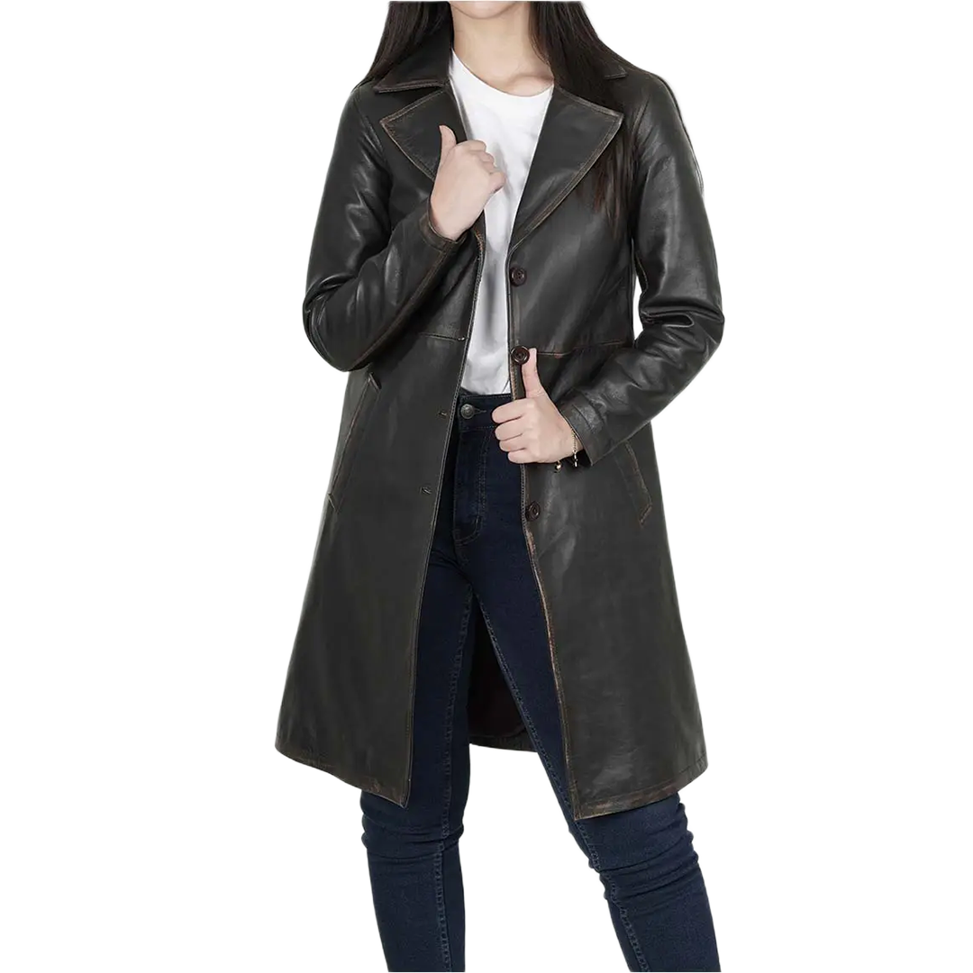 Women's Rub Off Dark Brown Leather Long 3/4 Coat - Winter Long Jacket