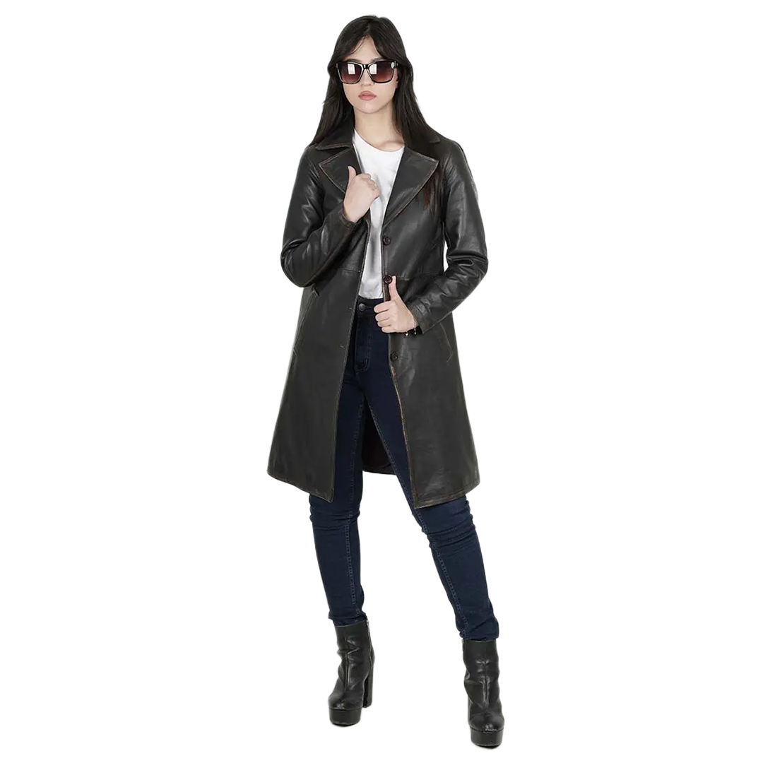 Women's Rub Off Dark Brown Leather Long 3/4 Coat - Winter Long Jacket