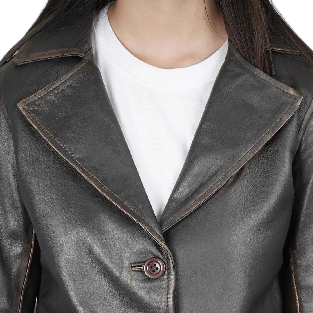 Women's Rub Off Dark Brown Leather Long 3/4 Coat - Winter Long Jacket