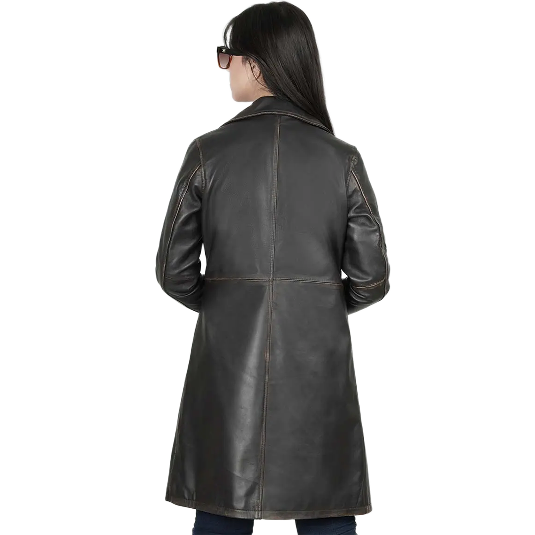 Women's Rub Off Dark Brown Leather Long 3/4 Coat - Winter Long Jacket