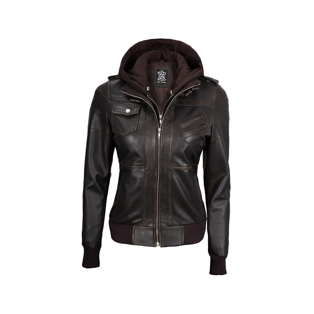 Women's Dark Brown Rub Off Leather Jacket with Removable Hood
