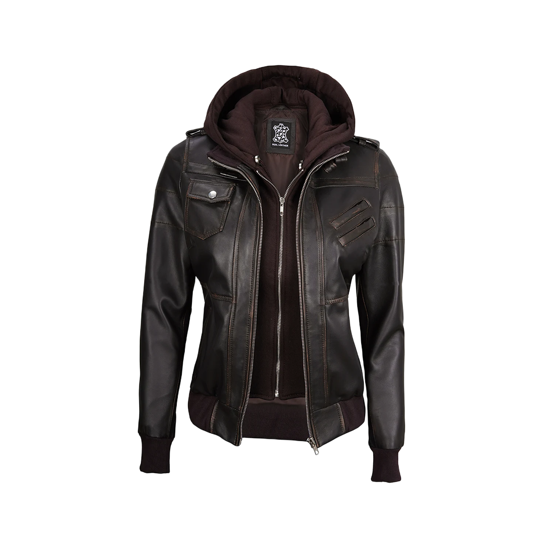 Women's Dark Brown Rub Off Leather Jacket with Removable Hood