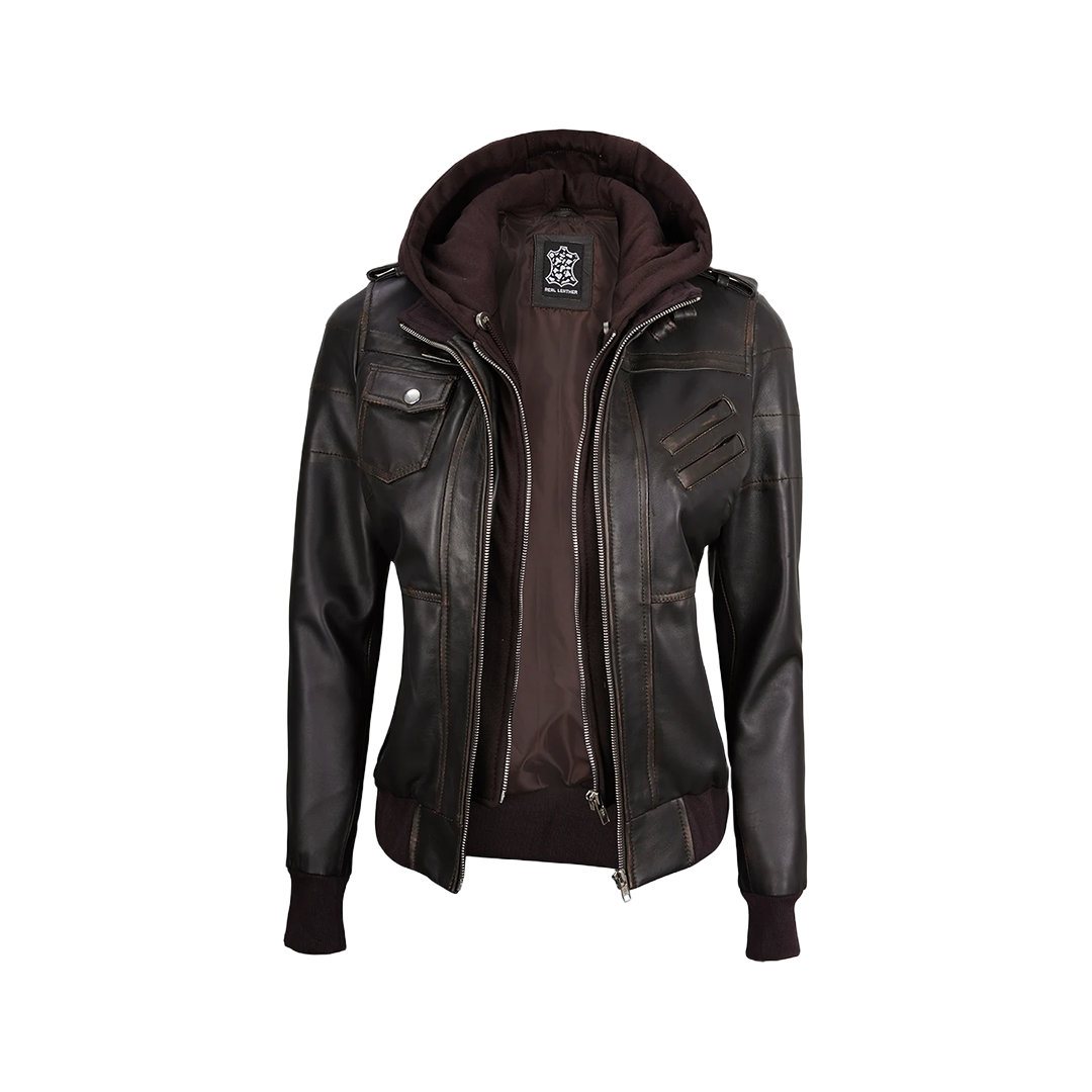 Women's Dark Brown Rub Off Leather Jacket with Removable Hood