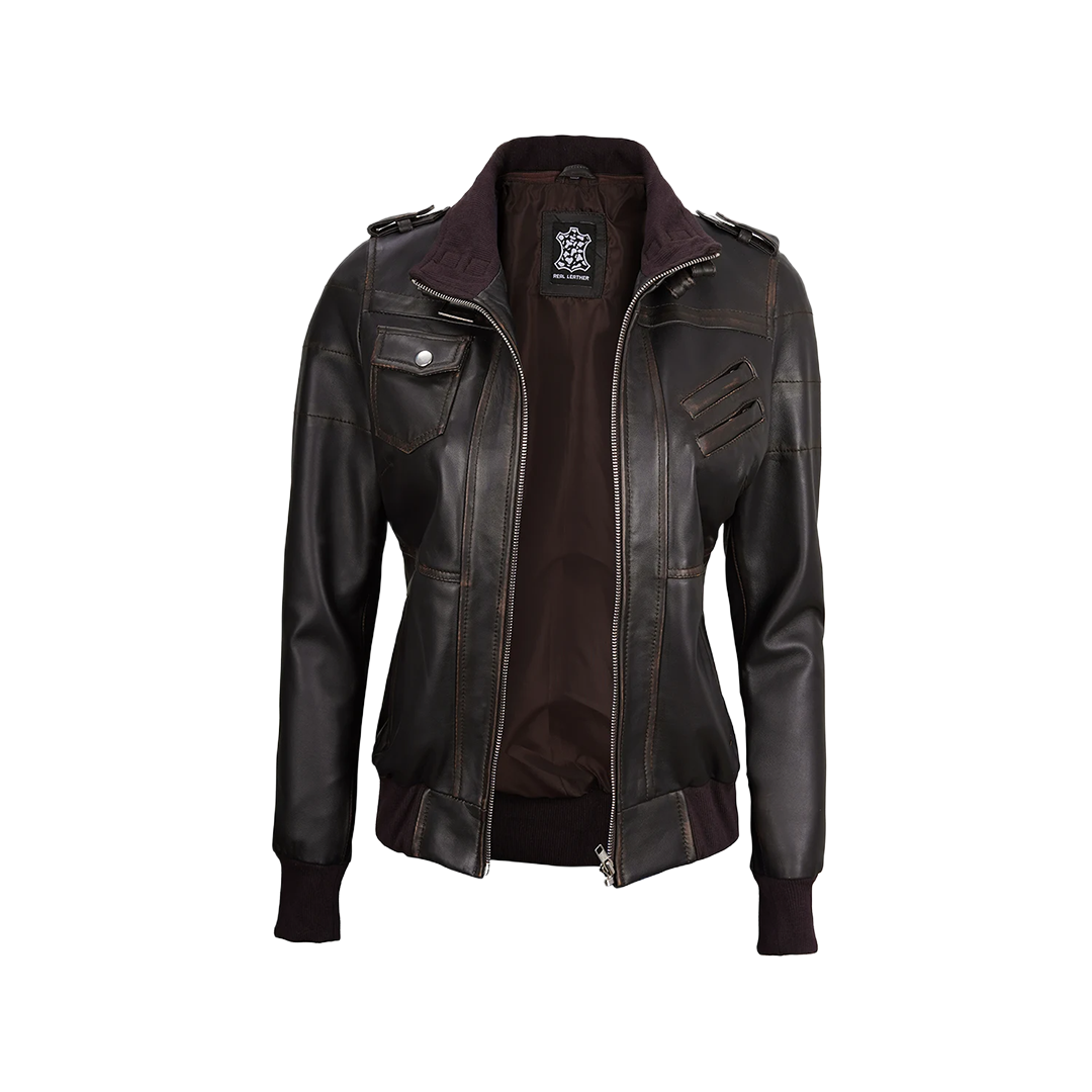 Women's Dark Brown Rub Off Leather Jacket with Removable Hood