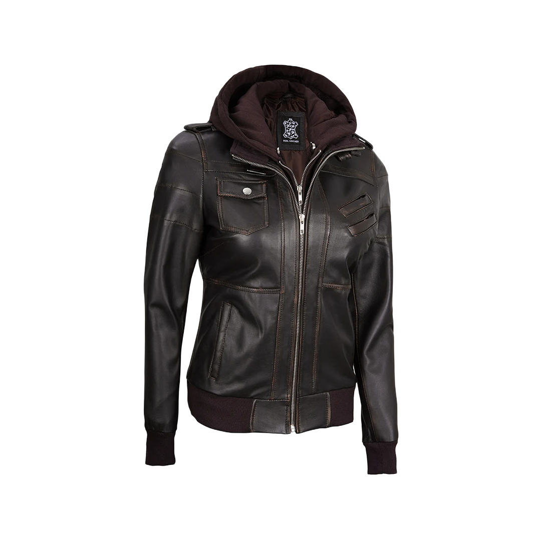 Women's Dark Brown Rub Off Leather Jacket with Removable Hood