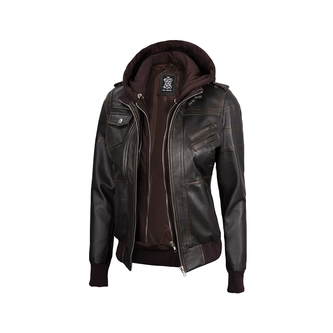 Women's Dark Brown Rub Off Leather Jacket with Removable Hood