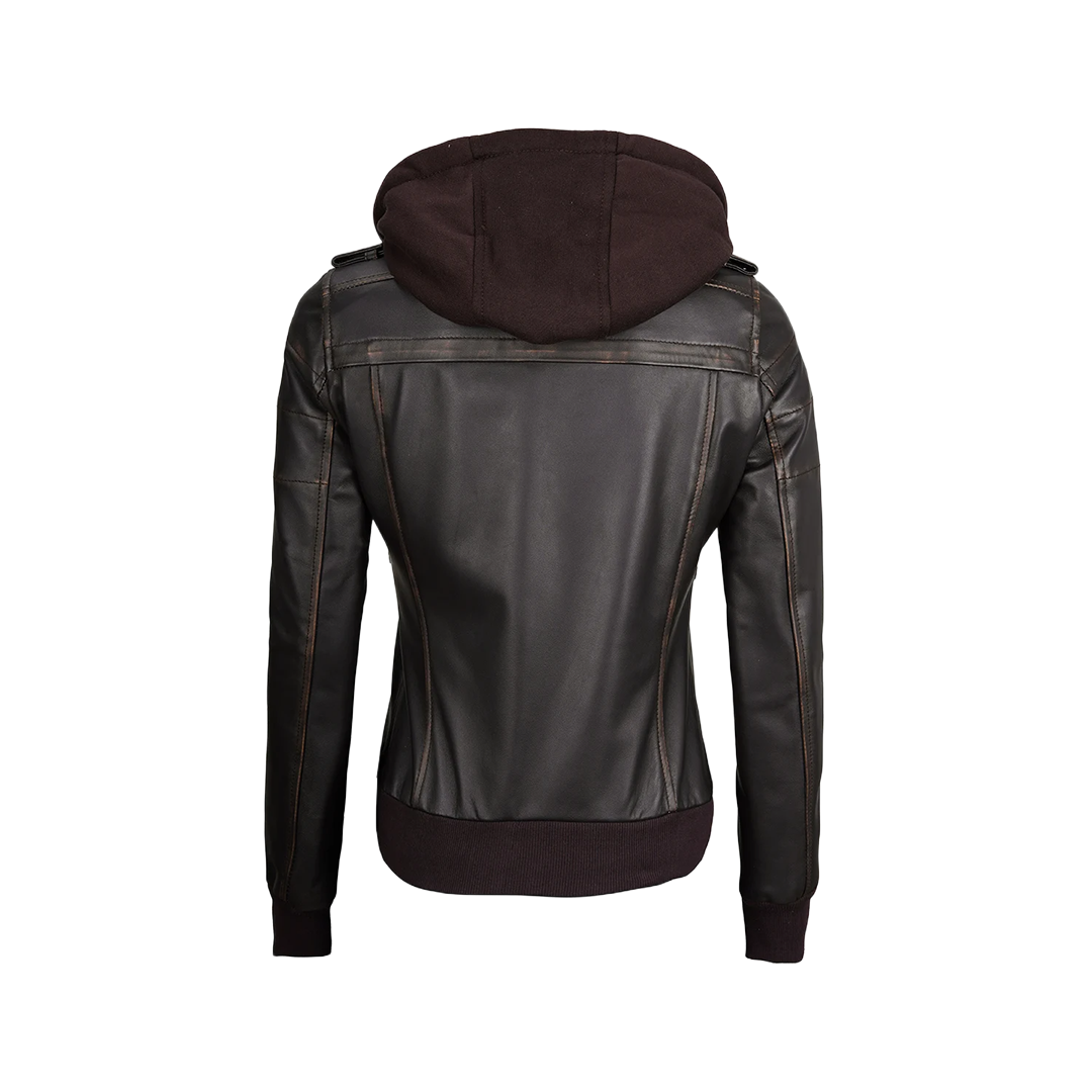 Women's Dark Brown Rub Off Leather Jacket with Removable Hood