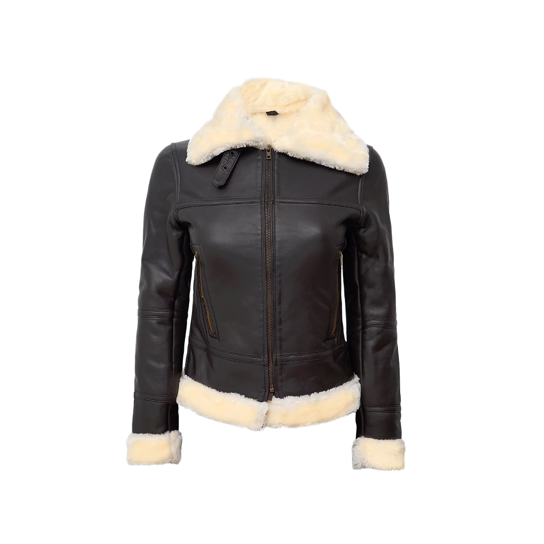 Women's Dark Brown Shearling Leather Bomber Jacket