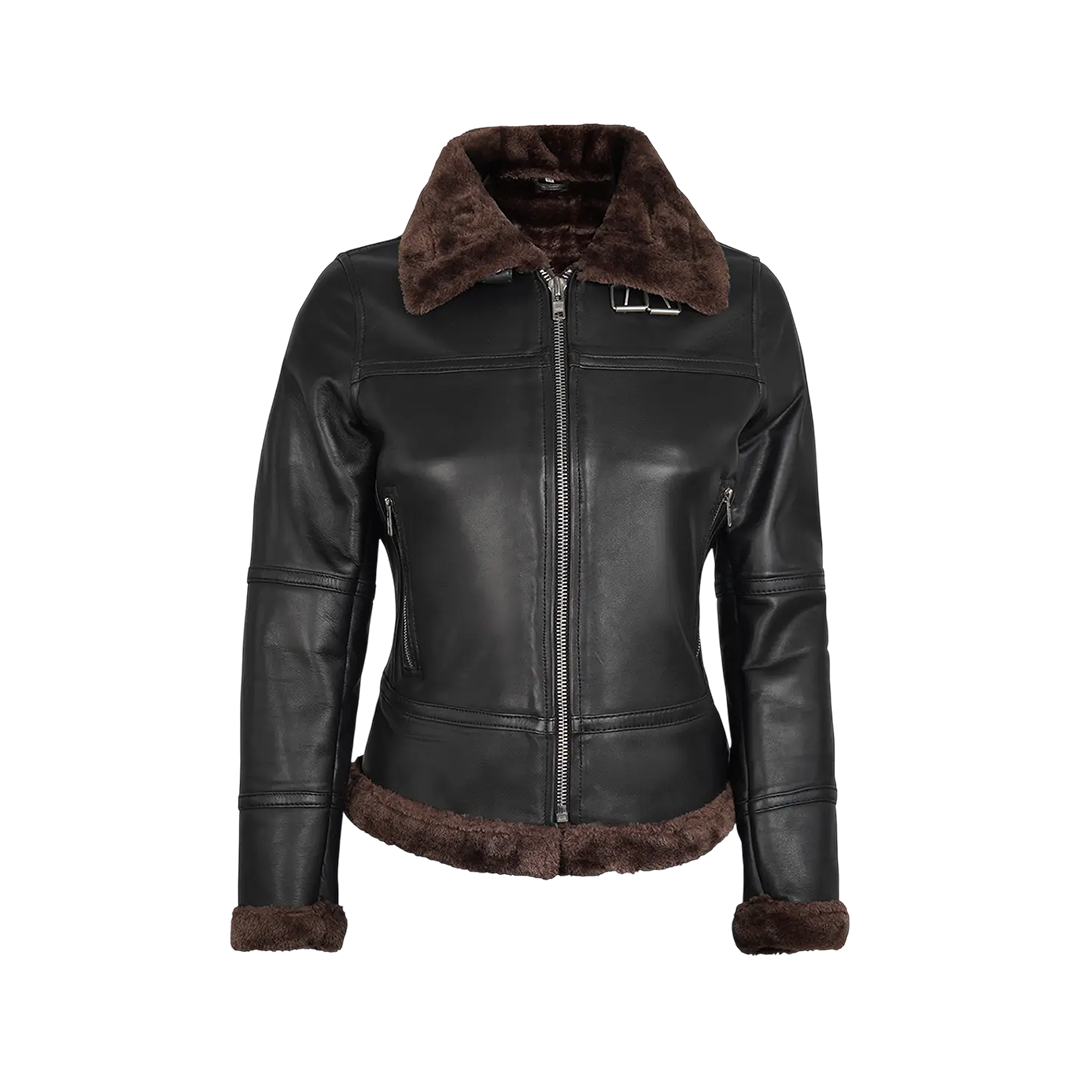 Women Dark Brown Shearling Leather Bomber Jacket