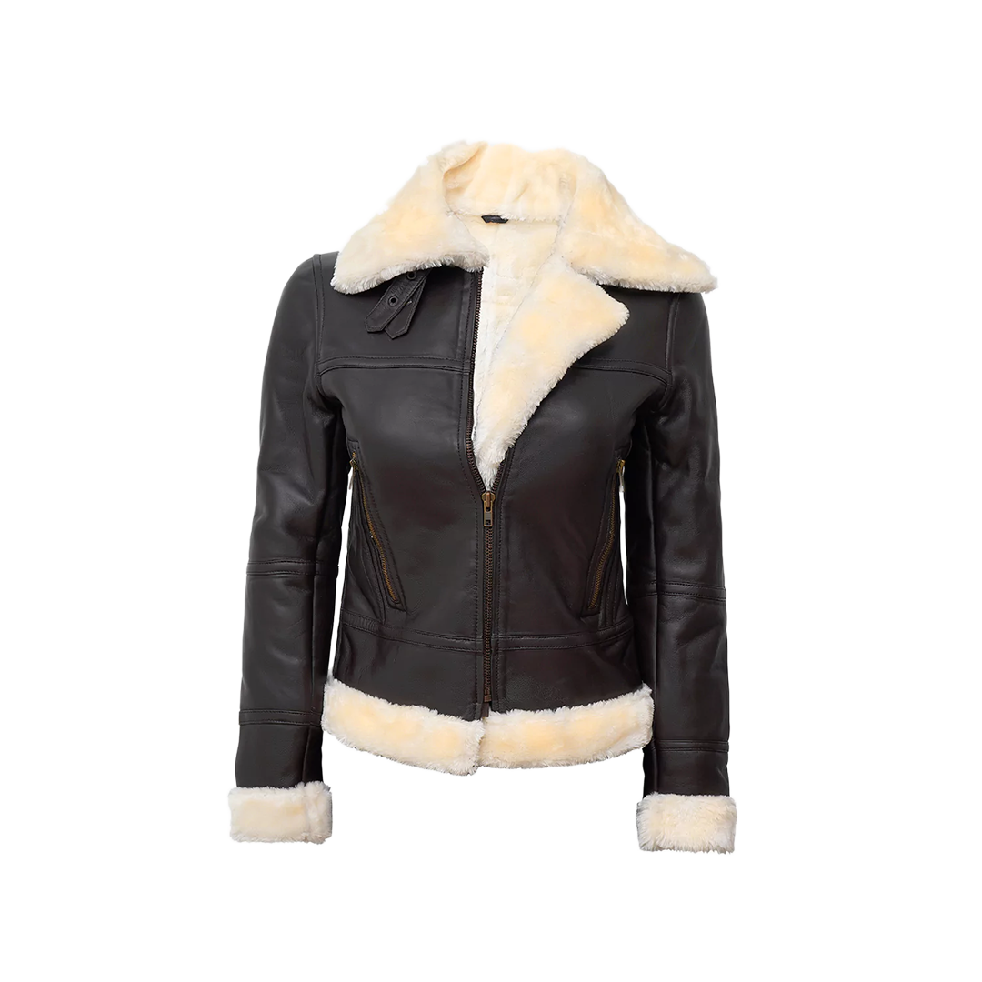 Women's Dark Brown Shearling Leather Bomber Jacket