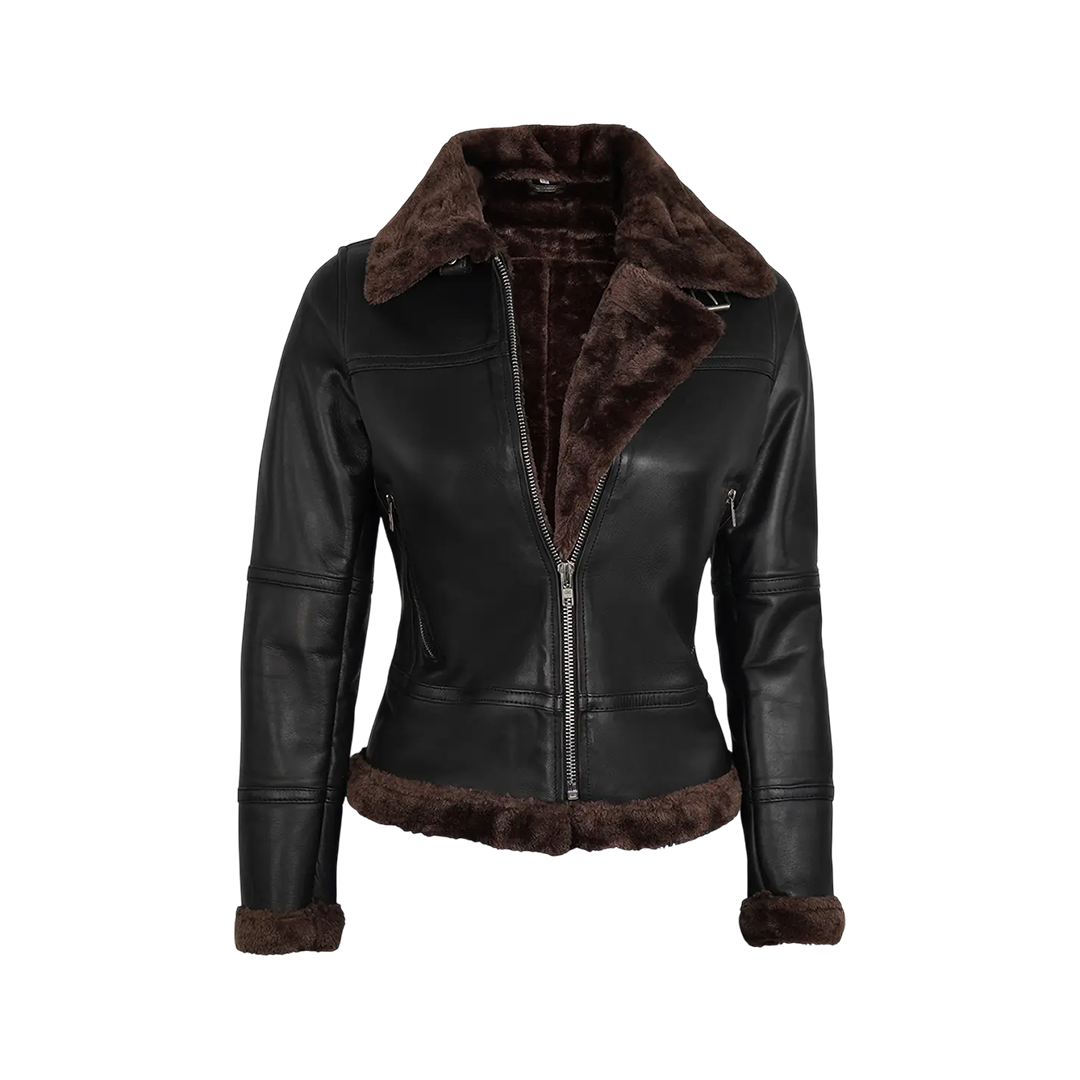 Women Dark Brown Shearling Leather Bomber Jacket