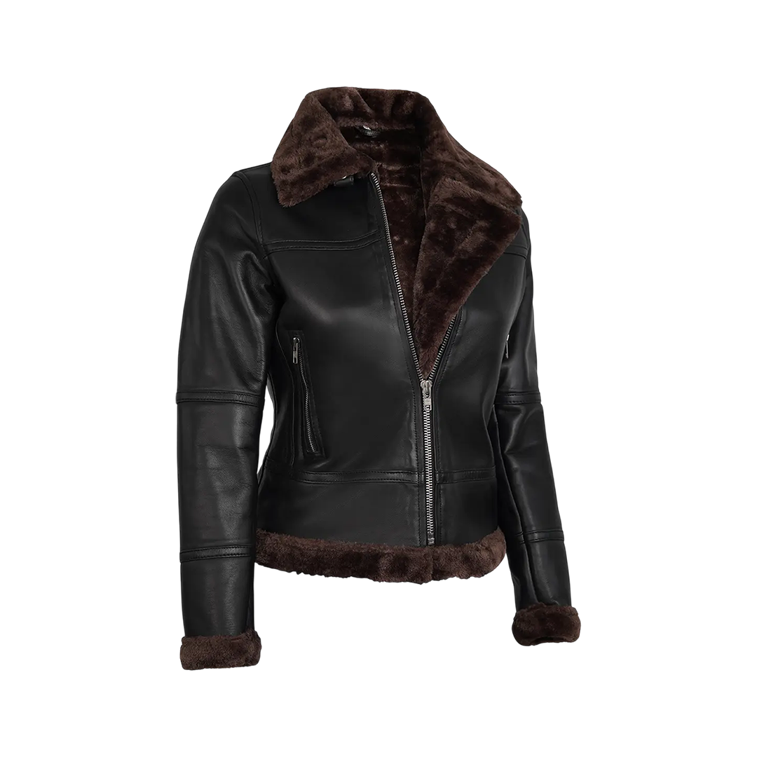 Women Dark Brown Shearling Leather Bomber Jacket