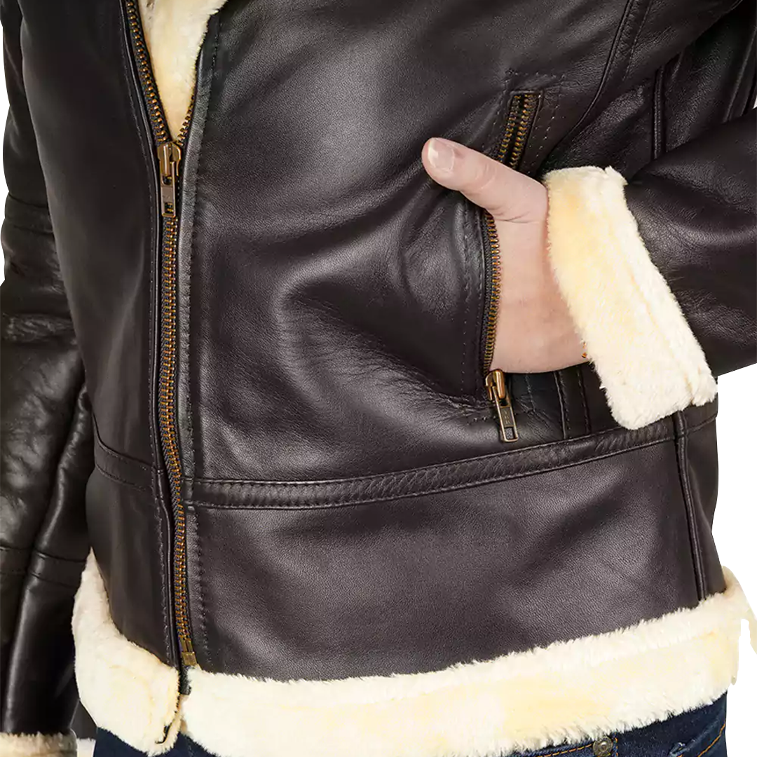 Women's Dark Brown Shearling Leather Bomber Jacket