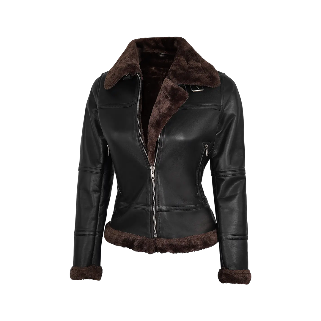 Women Dark Brown Shearling Leather Bomber Jacket