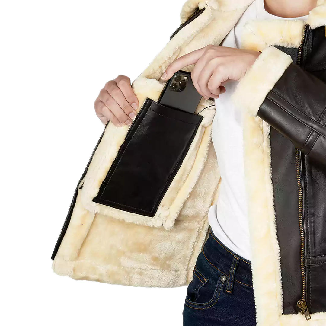 Women's Dark Brown Shearling Leather Bomber Jacket