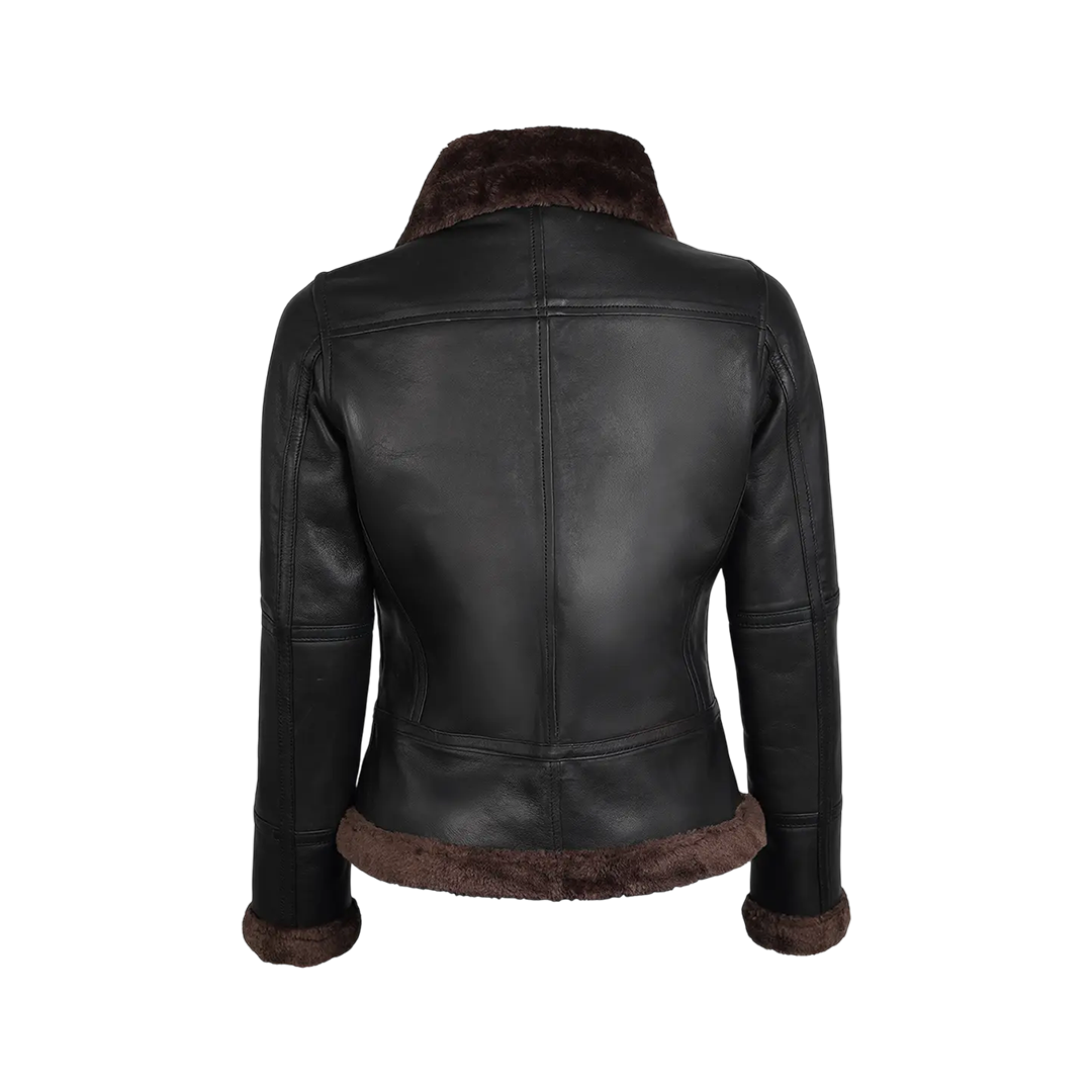 Women Dark Brown Shearling Leather Bomber Jacket