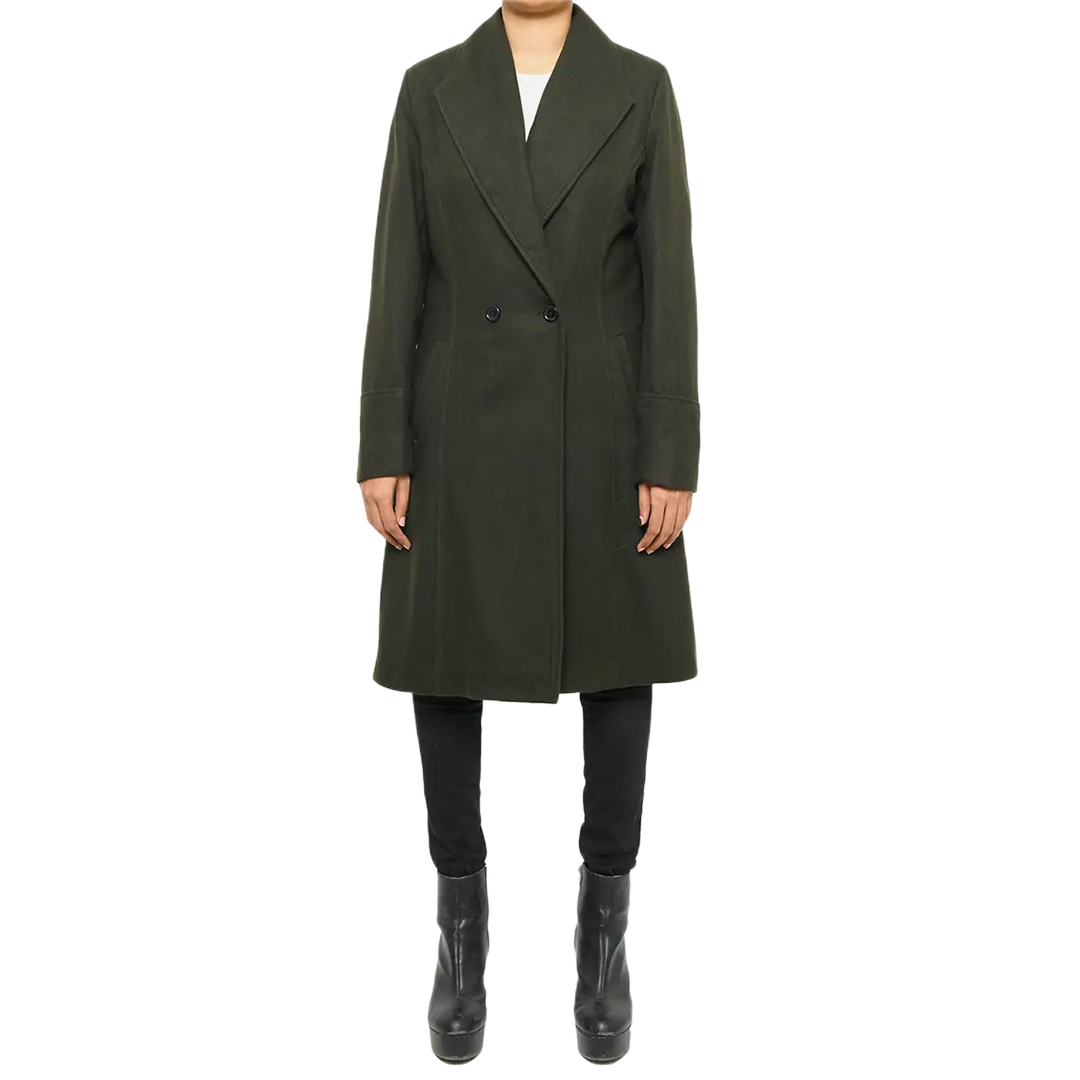 Women's Dark Green Wool Coat - Double Breasted