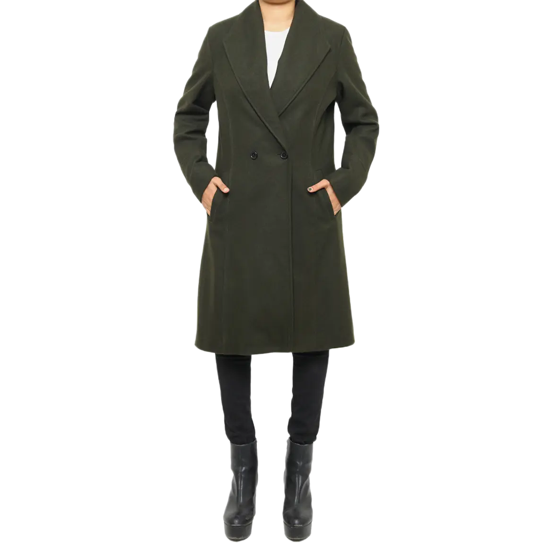Women's Dark Green Wool Coat - Double Breasted