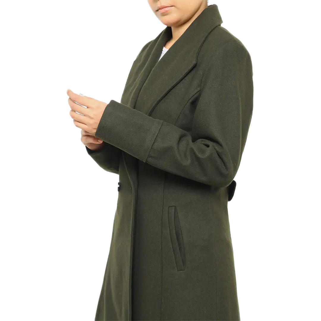 Women's Dark Green Wool Coat - Double Breasted