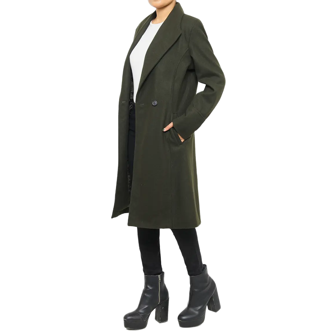 Women's Dark Green Wool Coat - Double Breasted