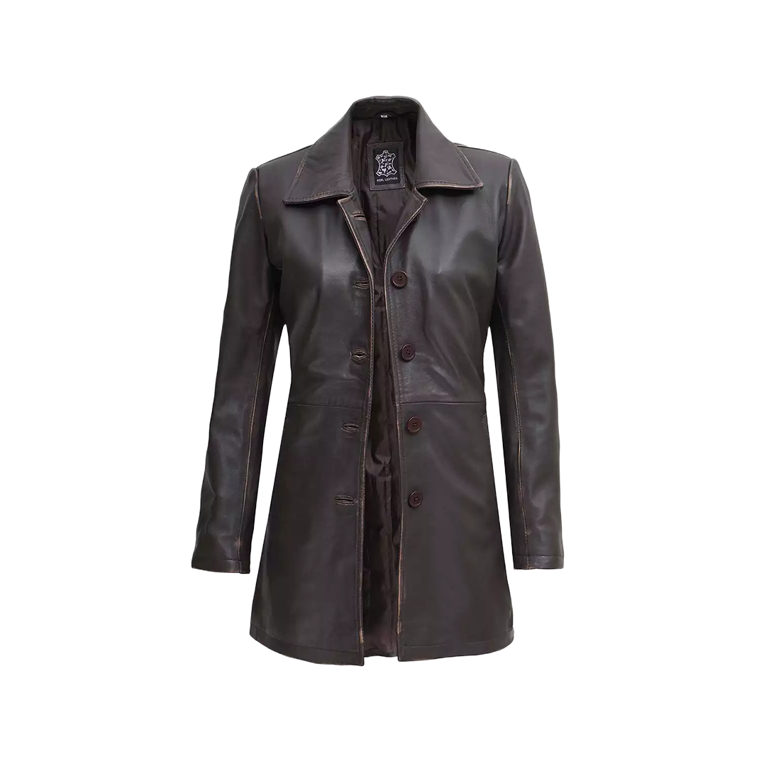 Women's Distressed Dark Brown Leather Car Coat
