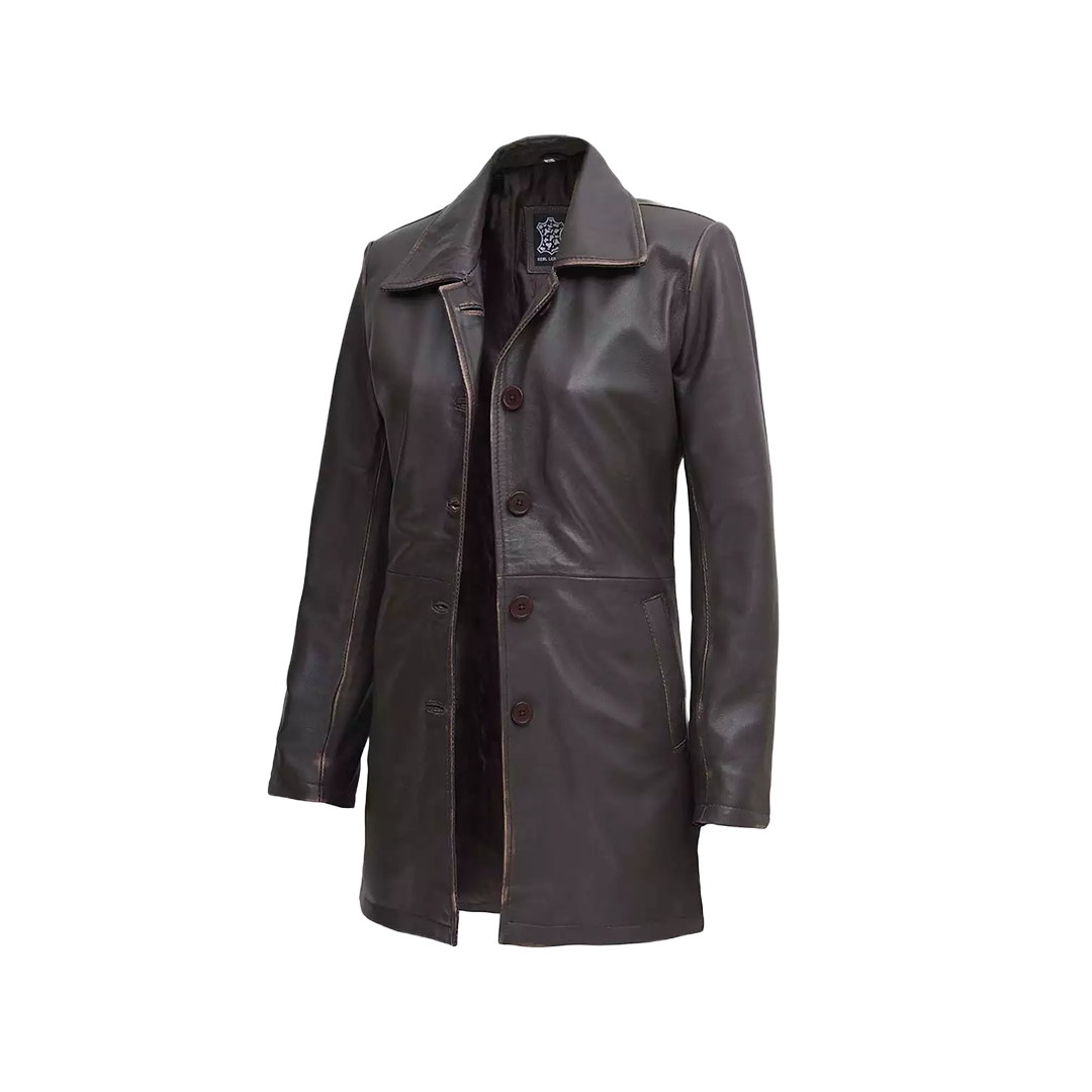 Women's Distressed Dark Brown Leather Car Coat