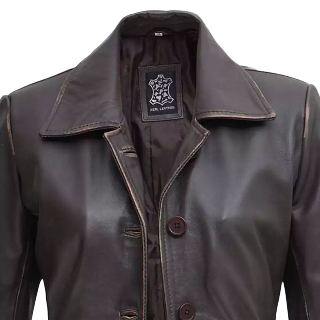 Women's Distressed Dark Brown Leather Car Coat