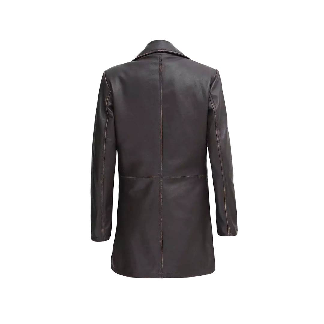 Women's Distressed Dark Brown Leather Car Coat