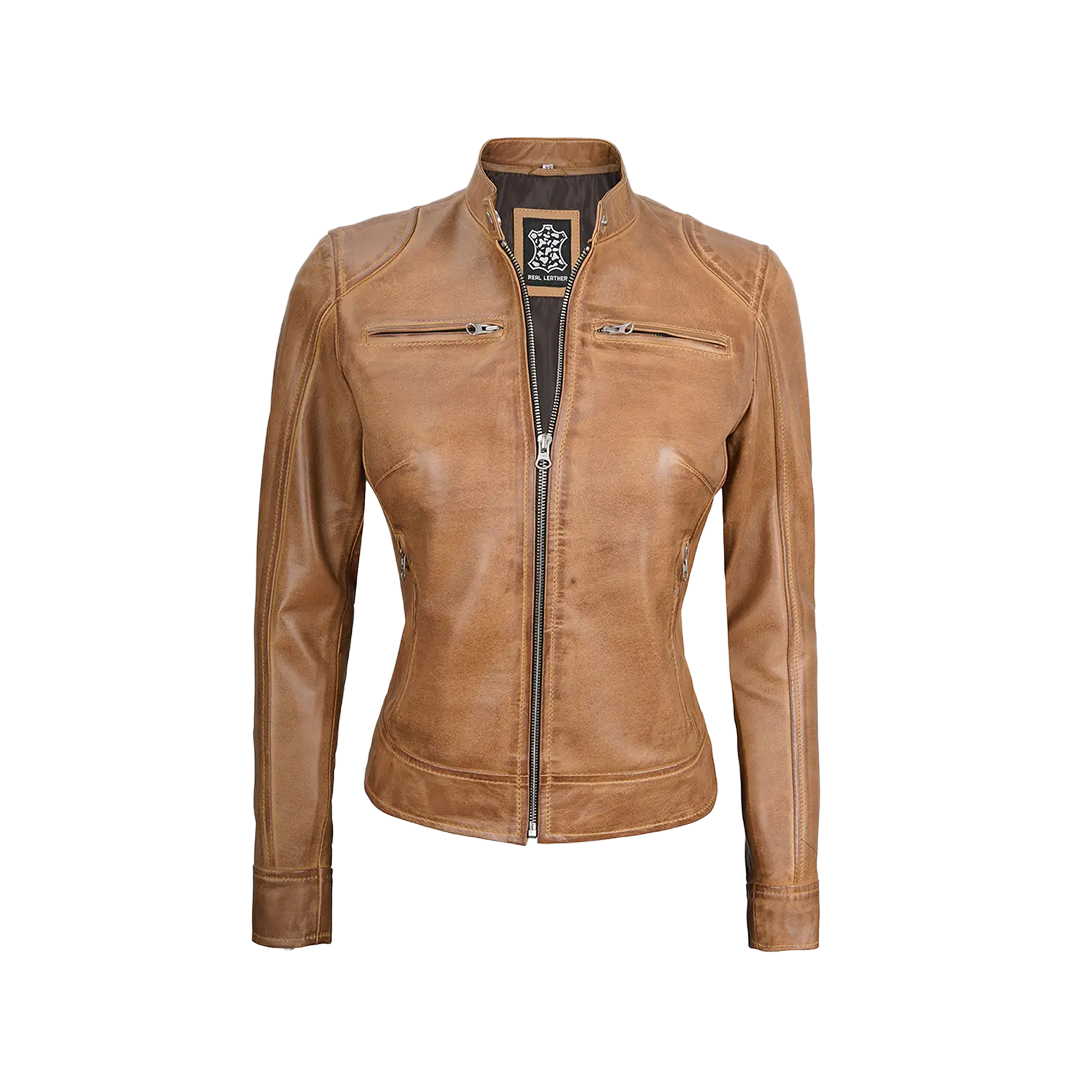 Women's Dodge Camel Brown Cafe Racer Leather Jacket