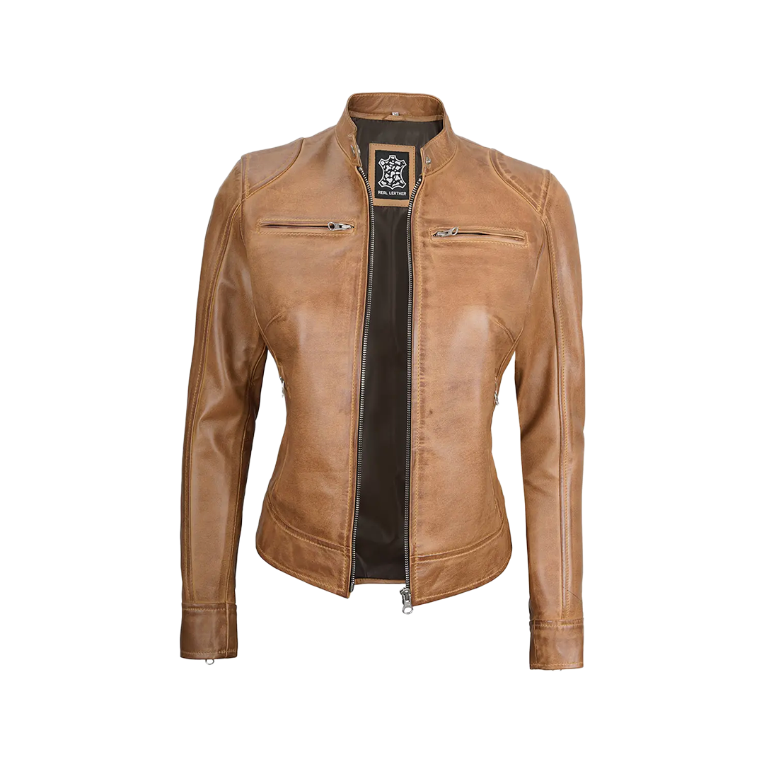 Women's Dodge Camel Brown Cafe Racer Leather Jacket