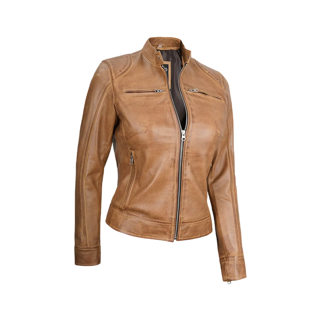 Women's Dodge Camel Brown Cafe Racer Leather Jacket