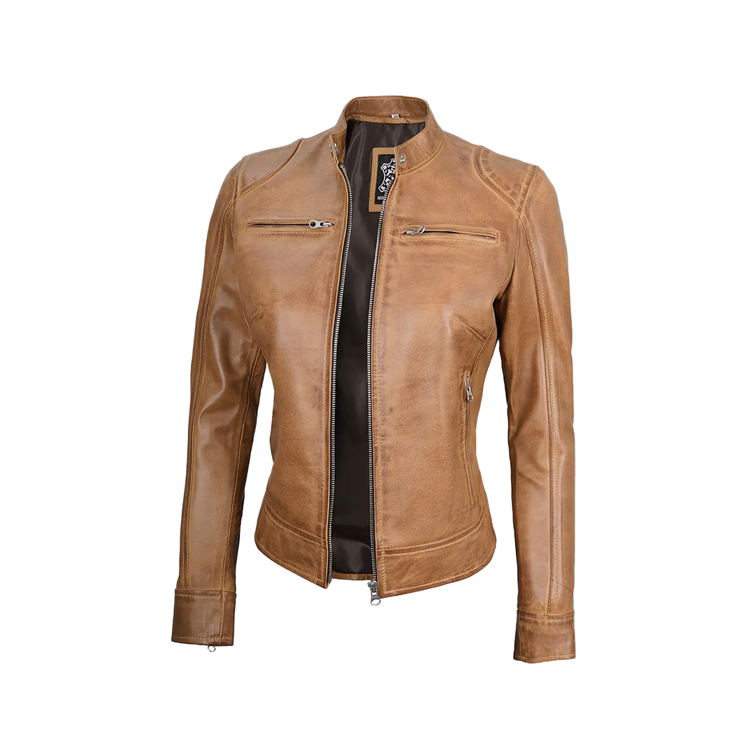 Women's Dodge Camel Brown Cafe Racer Leather Jacket