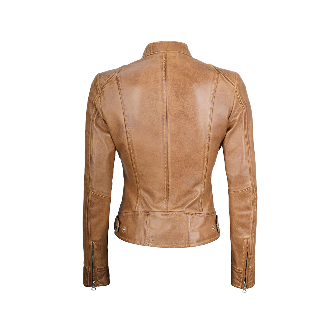 Women's Dodge Camel Brown Cafe Racer Leather Jacket