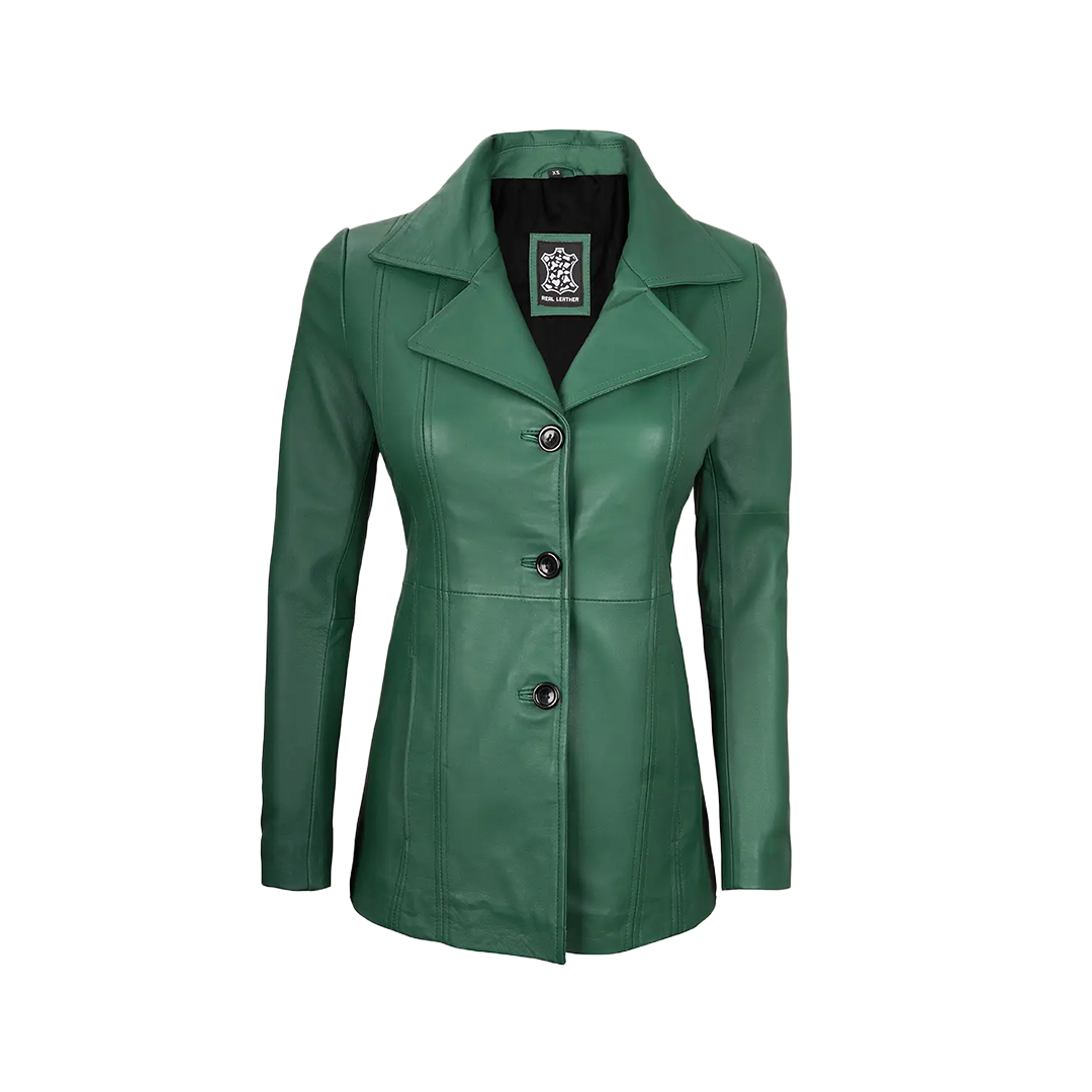 Women's Real Leather Green Blazer with Three Button