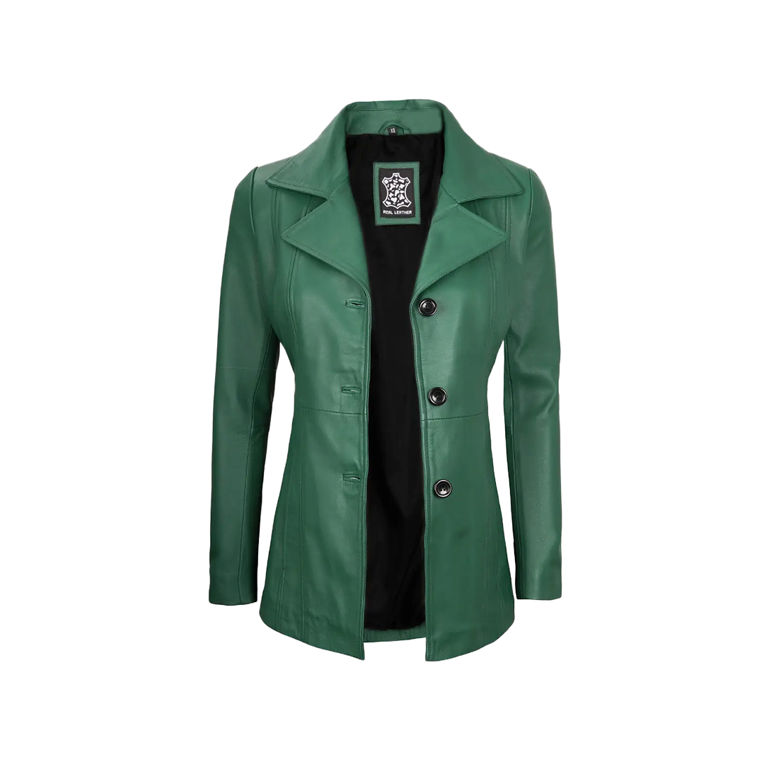 Women's Real Leather Green Blazer with Three Button