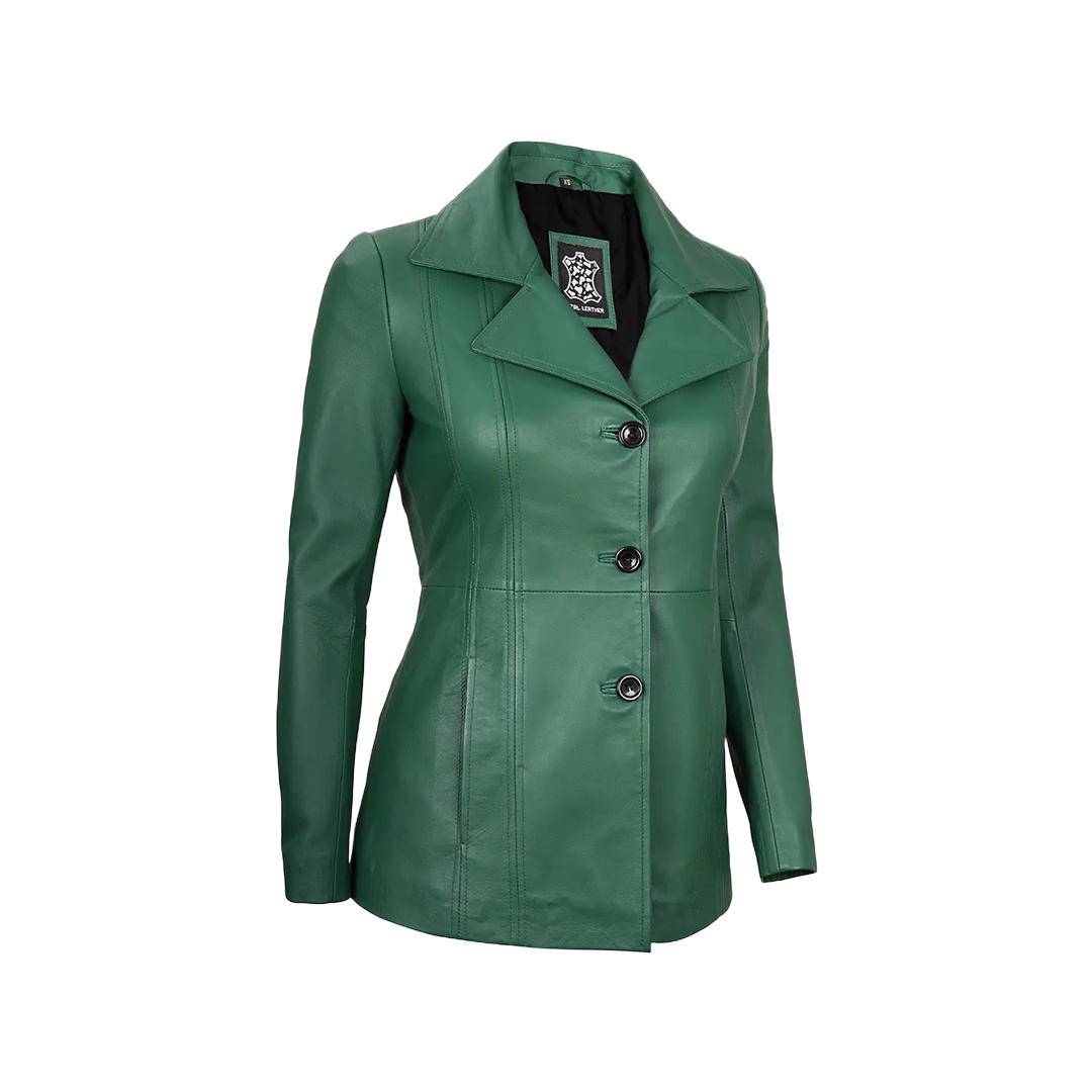 Women's Real Leather Green Blazer with Three Button