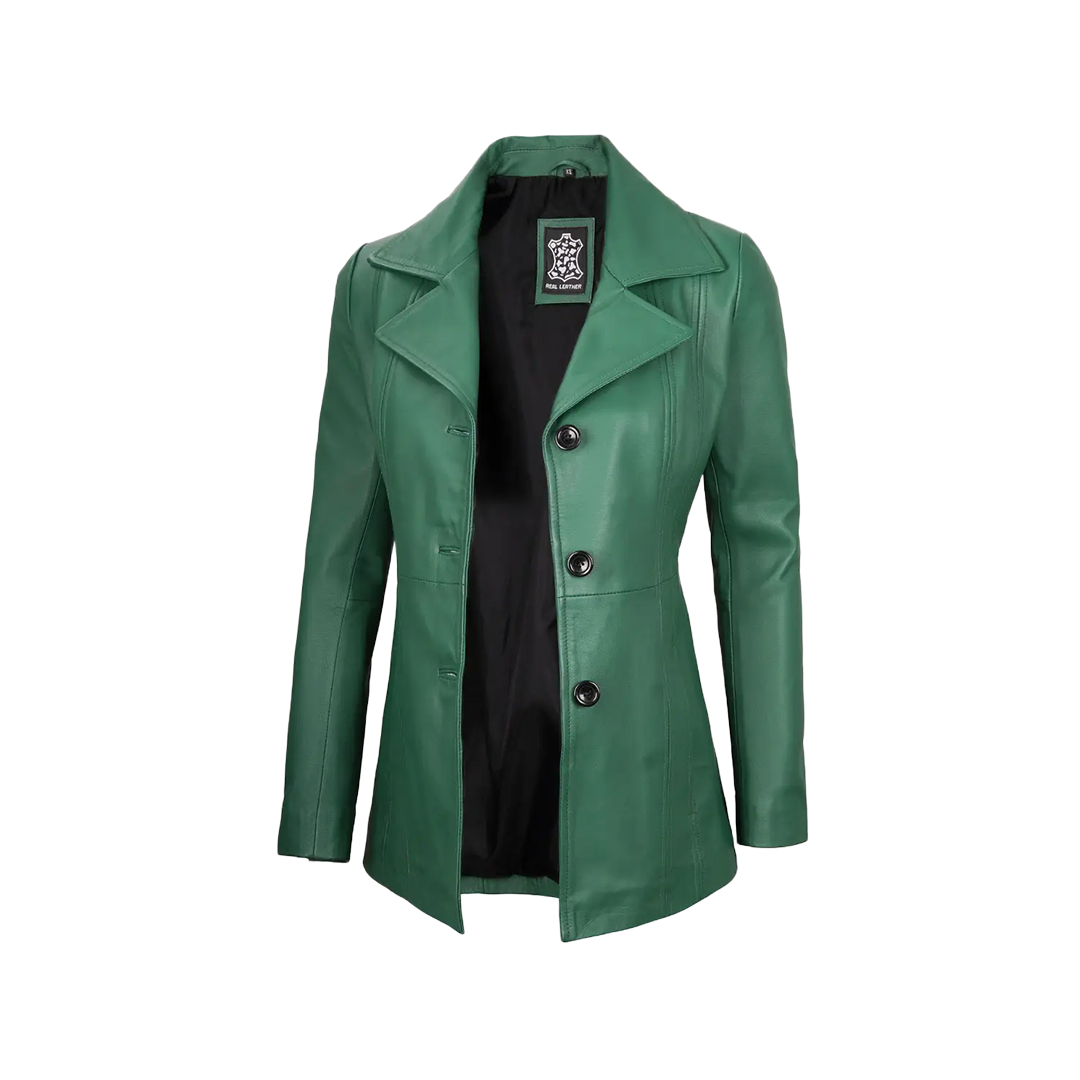 Women's Real Leather Green Blazer with Three Button