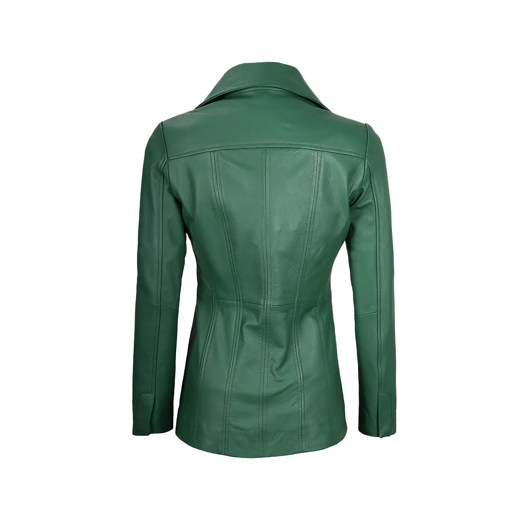 Women's Real Leather Green Blazer with Three Button