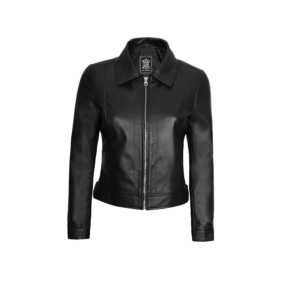 Women's Harrington Style Black Leather Jacket