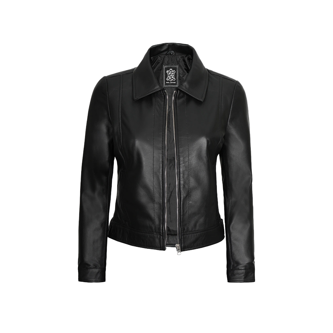 Women's Harrington Style Black Leather Jacket