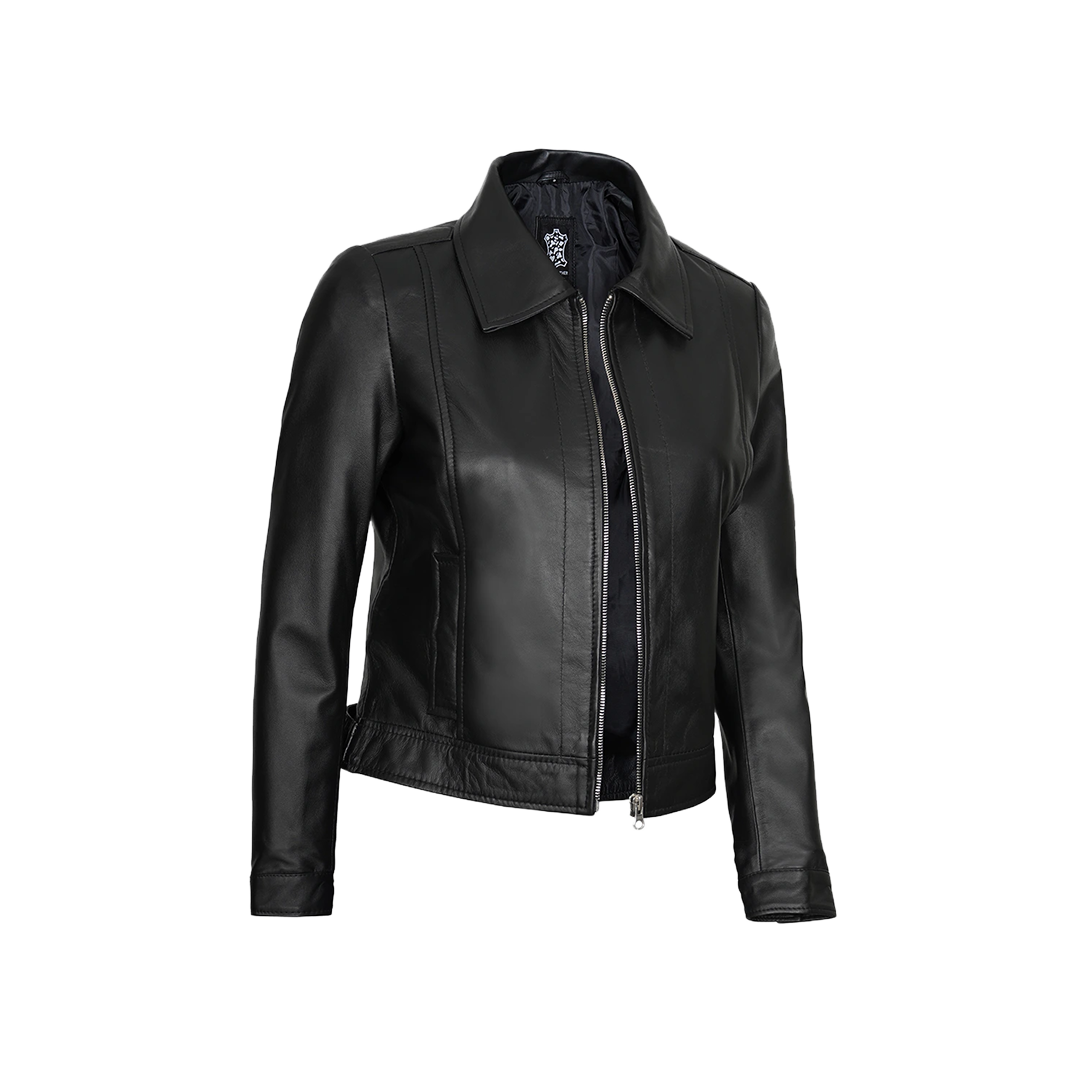 Women's Harrington Style Black Leather Jacket