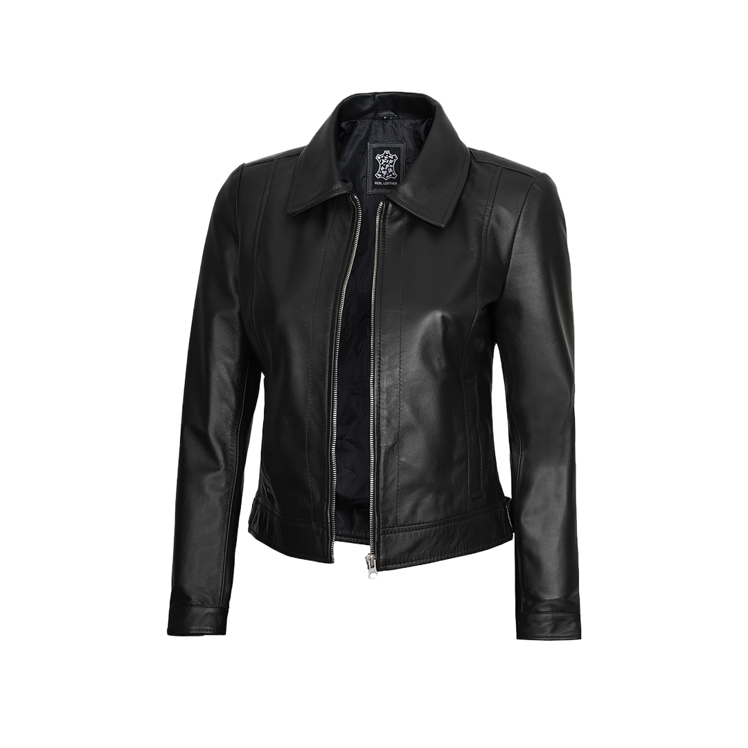 Women's Harrington Style Black Leather Jacket