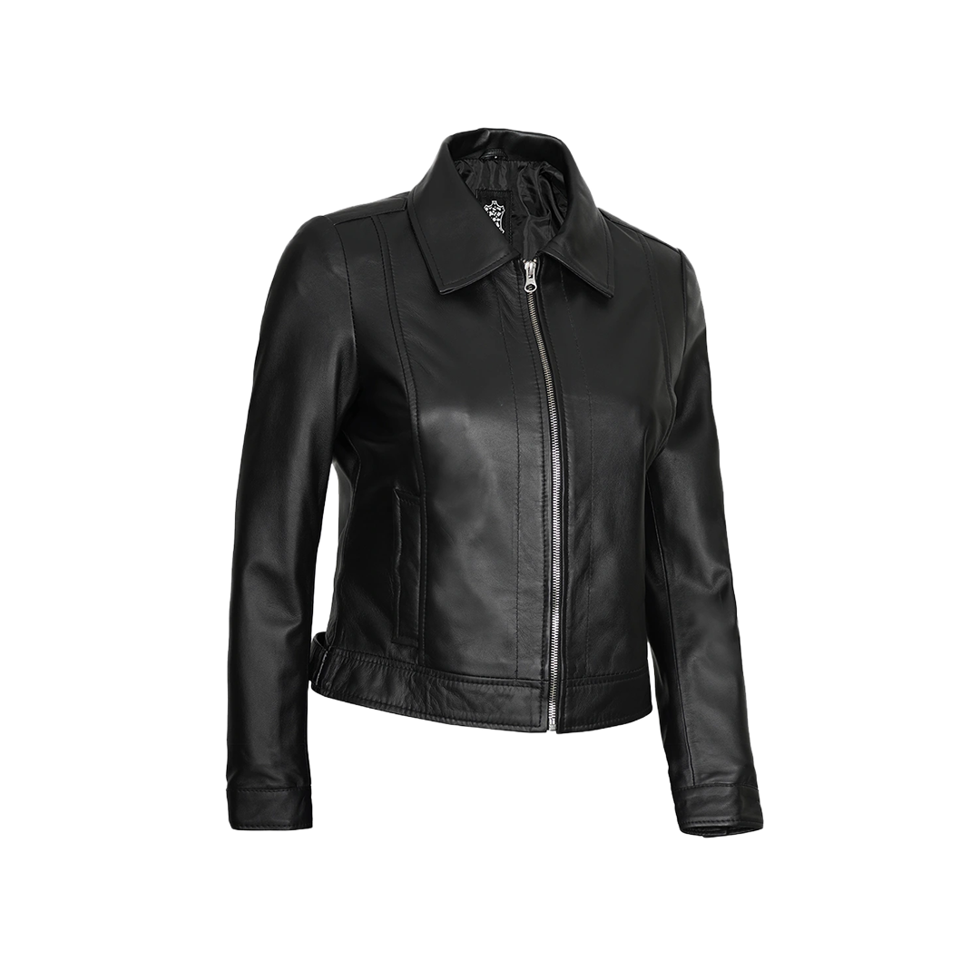 Women's Harrington Style Black Leather Jacket