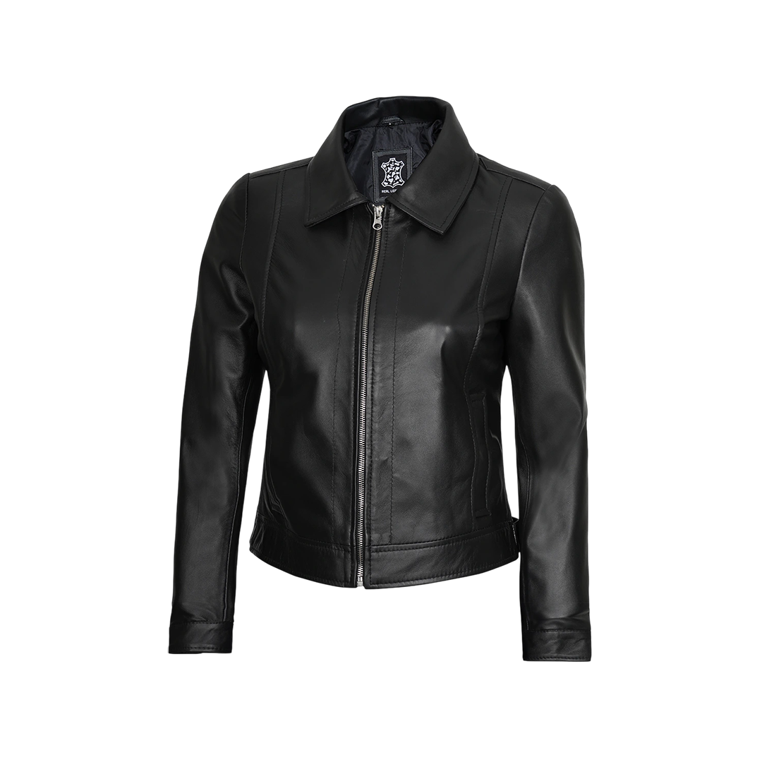 Women's Harrington Style Black Leather Jacket