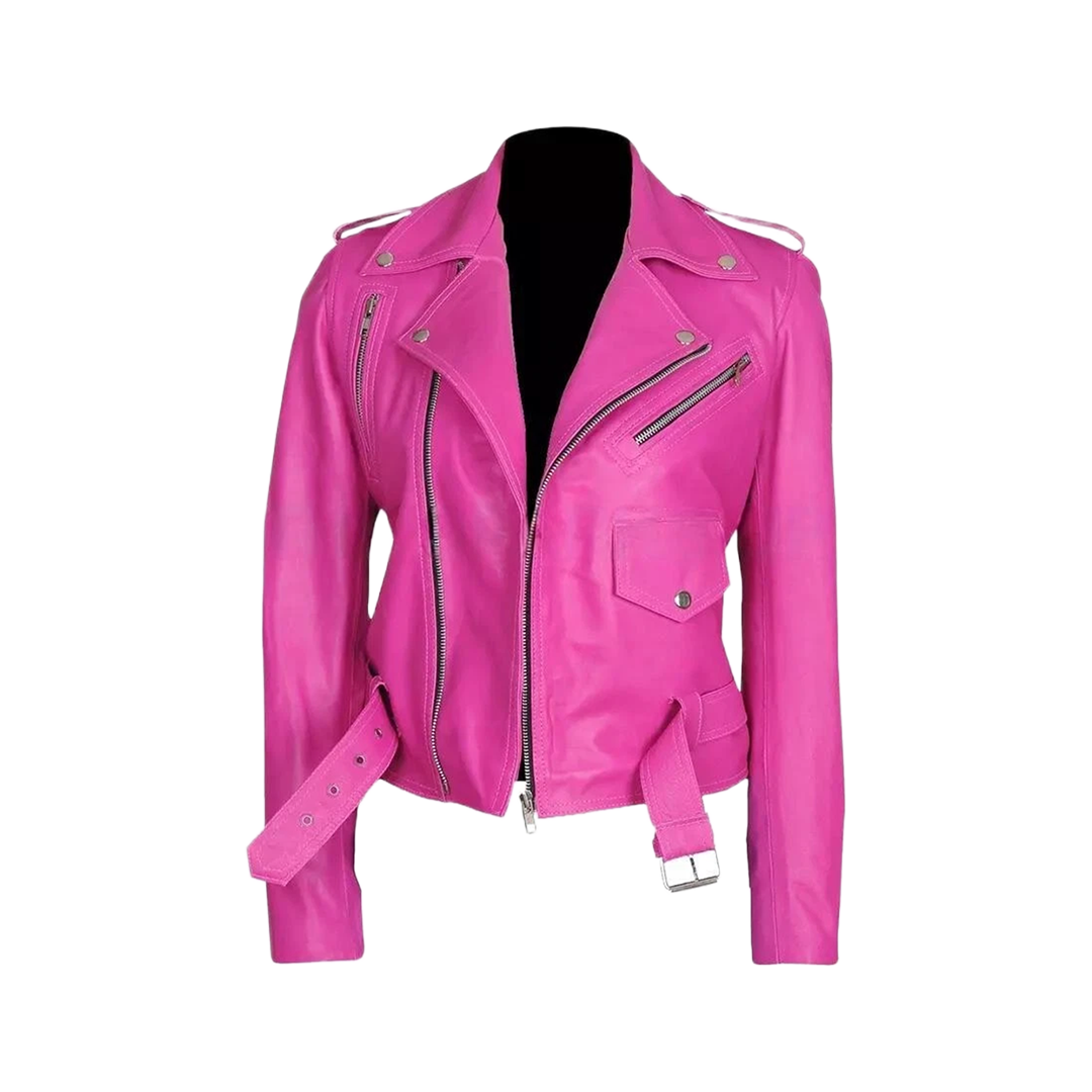 Women's Jessica Alba Hot Pink Stylish Biker Wear Faux Leather Jacket
