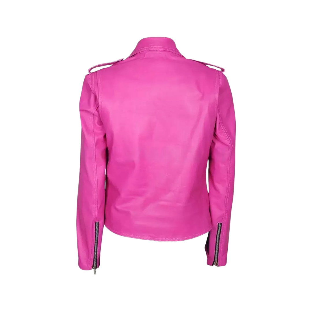 Women's Jessica Alba Hot Pink Stylish Biker Wear Faux Leather Jacket