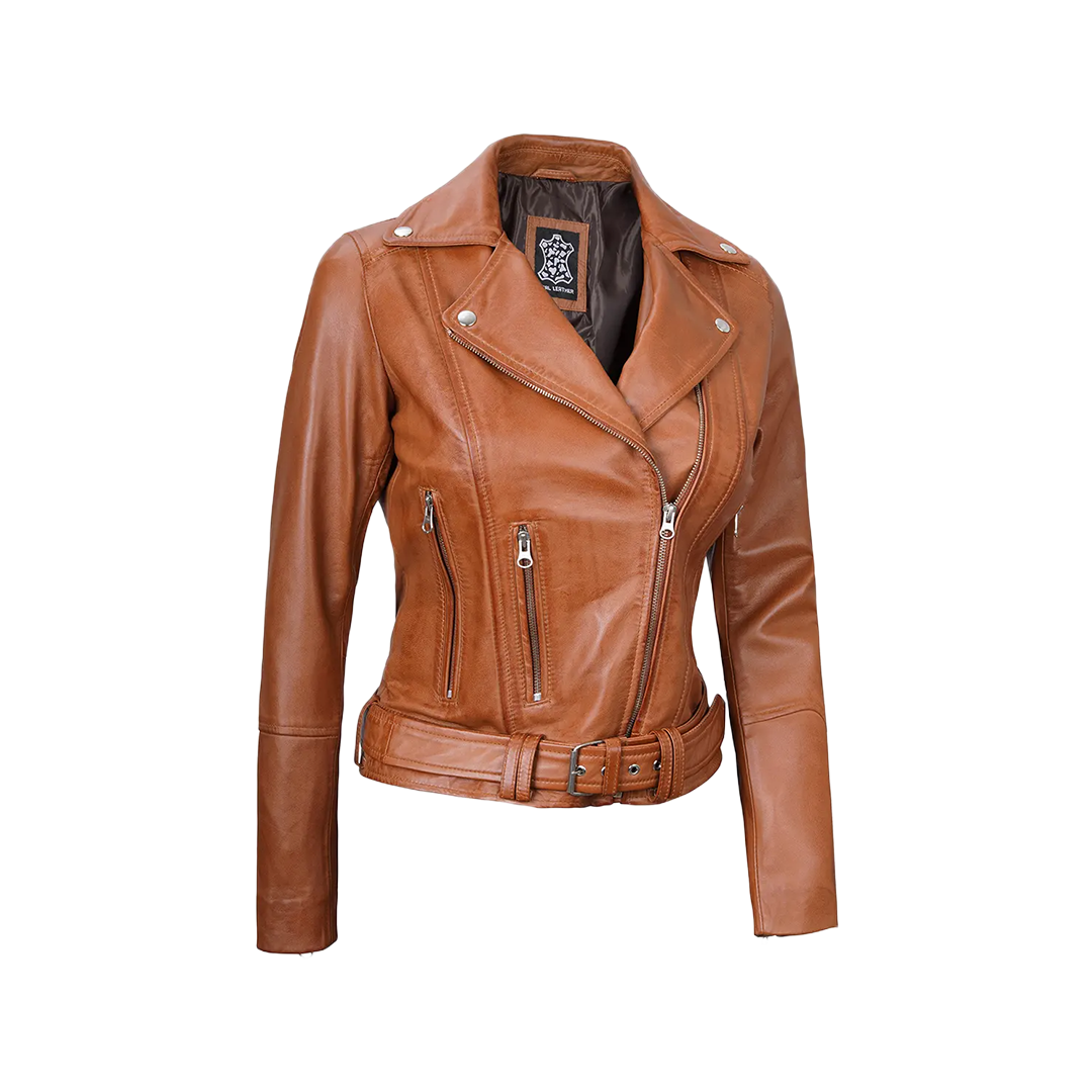Women's Light Brown Leather Biker Jacket