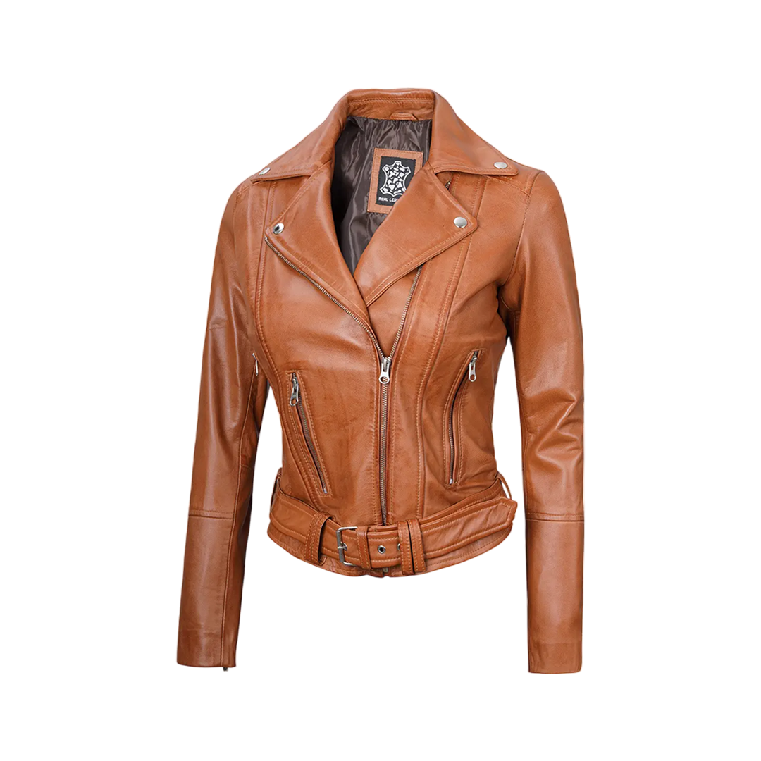 Women's Light Brown Leather Biker Jacket